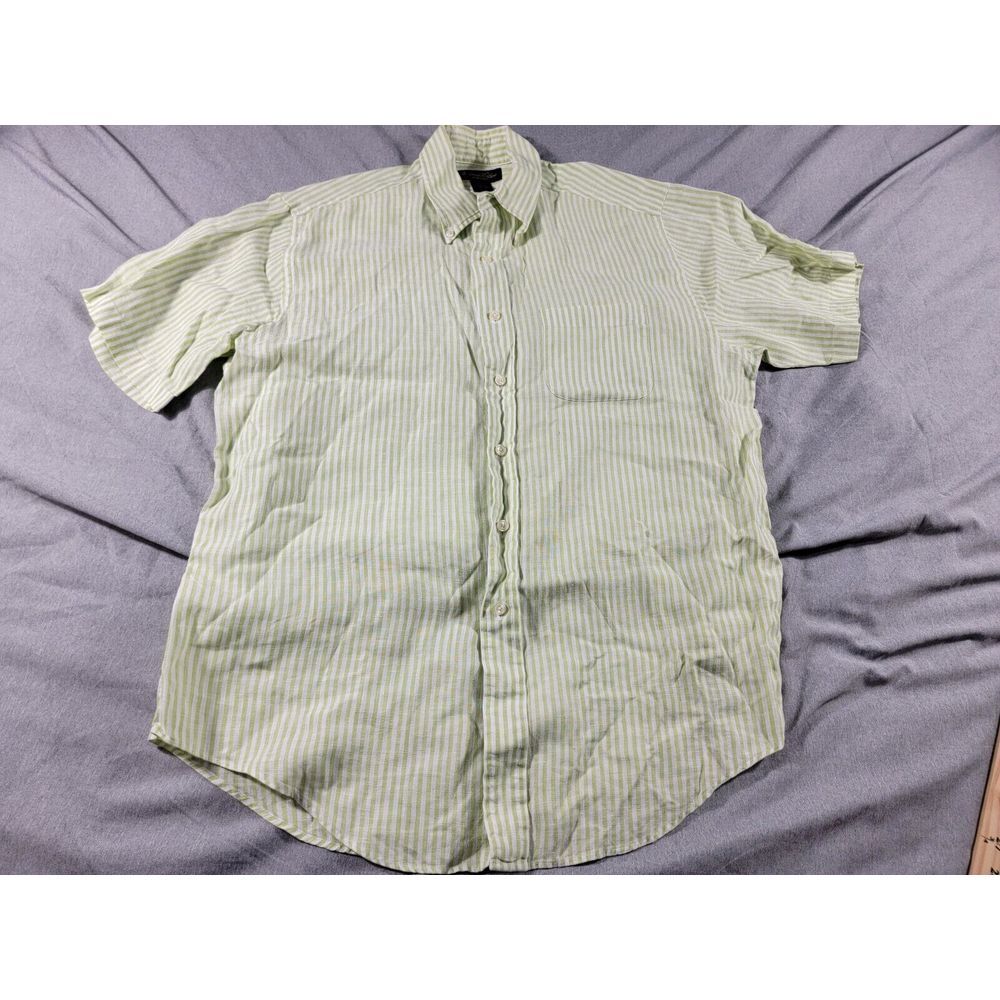 Brooks Brothers sz Large Irish Linen Short Sleeve Button Shirt Lime Green Stripe